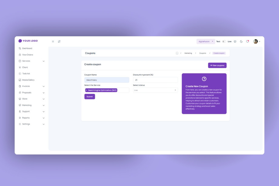 Login page featuring a purple and white color scheme, displaying fields for username and password