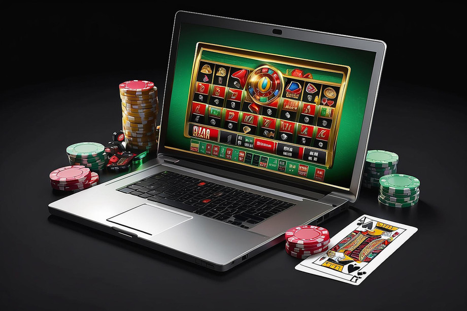 onlinecasinoconceptlaptopwithrouletteslotmachinecasinochipsplayingcardsisolatedblackbackground_10294735561451.jpg