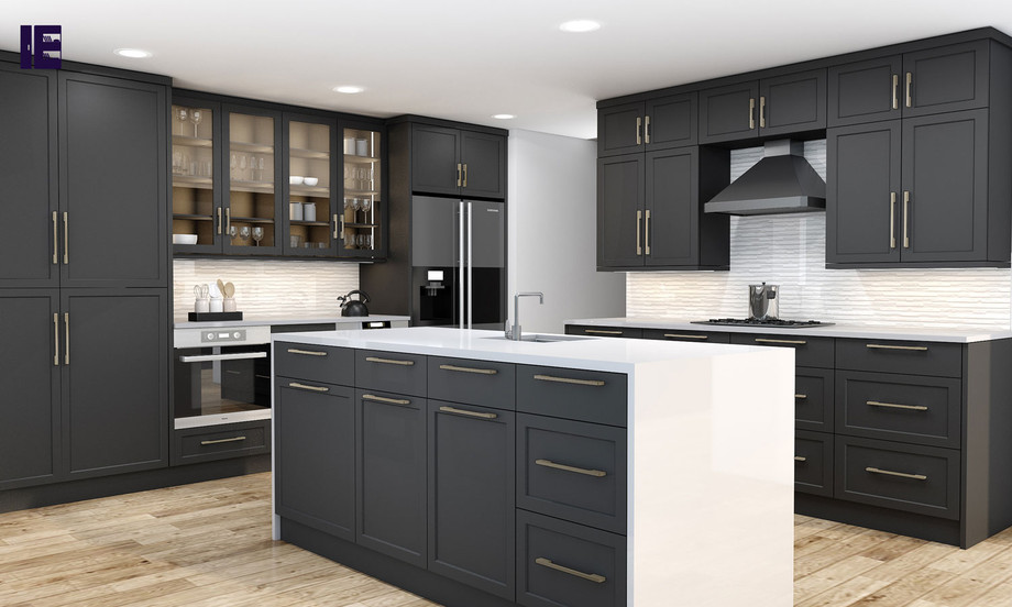 Shaker Style L Shape Kitchen in Black Finish With Island