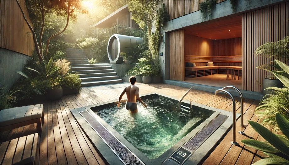 dalle20240718223743apersonsteppingintoacoldplungetubinamodernserenebackyardsettingthetubissurroundedbylushgreeneryandawoodendeckwithasauna.webp