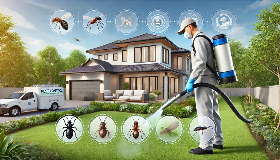 dalle20250104123505awideimageshowcasingprofessionalpestcontrolservicesthescenefeaturesapestcontrolexpertinacleanuniformusingadvancedequipmenttotr.webp