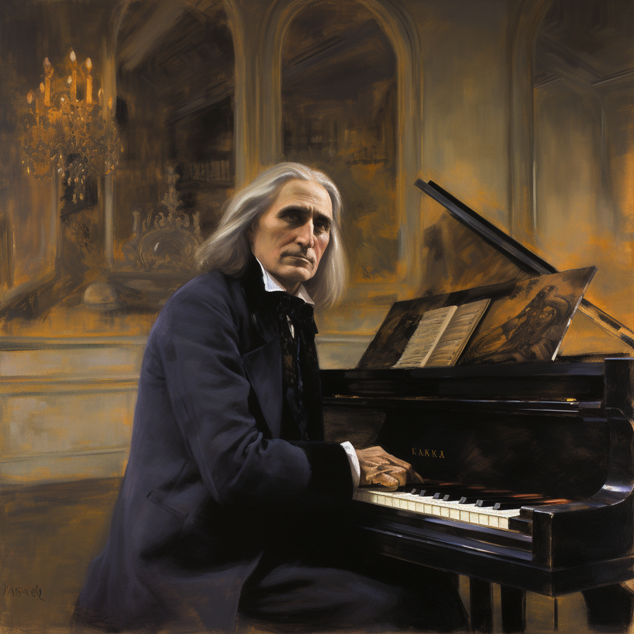 Elegant portrait of composer Franz Liszt with a contemplative expression seated at a grand piano, in a luxurious room with a chandelier and classic architecture, evoking a 19th-century atmosphere.