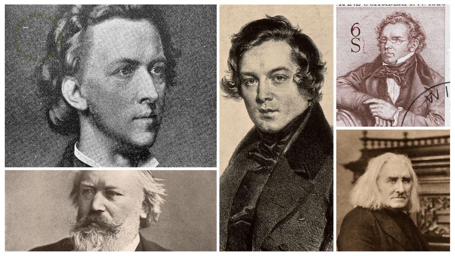 Collage of historical black and white portraits of renowned classical composers, featuring detailed engravings and photographs with various expressions and poses, set against a beige background.