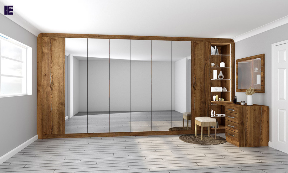 Hinged Wardrobe With Full Mirror Wooden Finish Glass Open Shelf